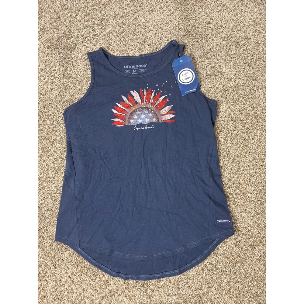 Life is Good Crusher Tank Top Womens Medium Navy Blue Patriotic Sunflower NWT